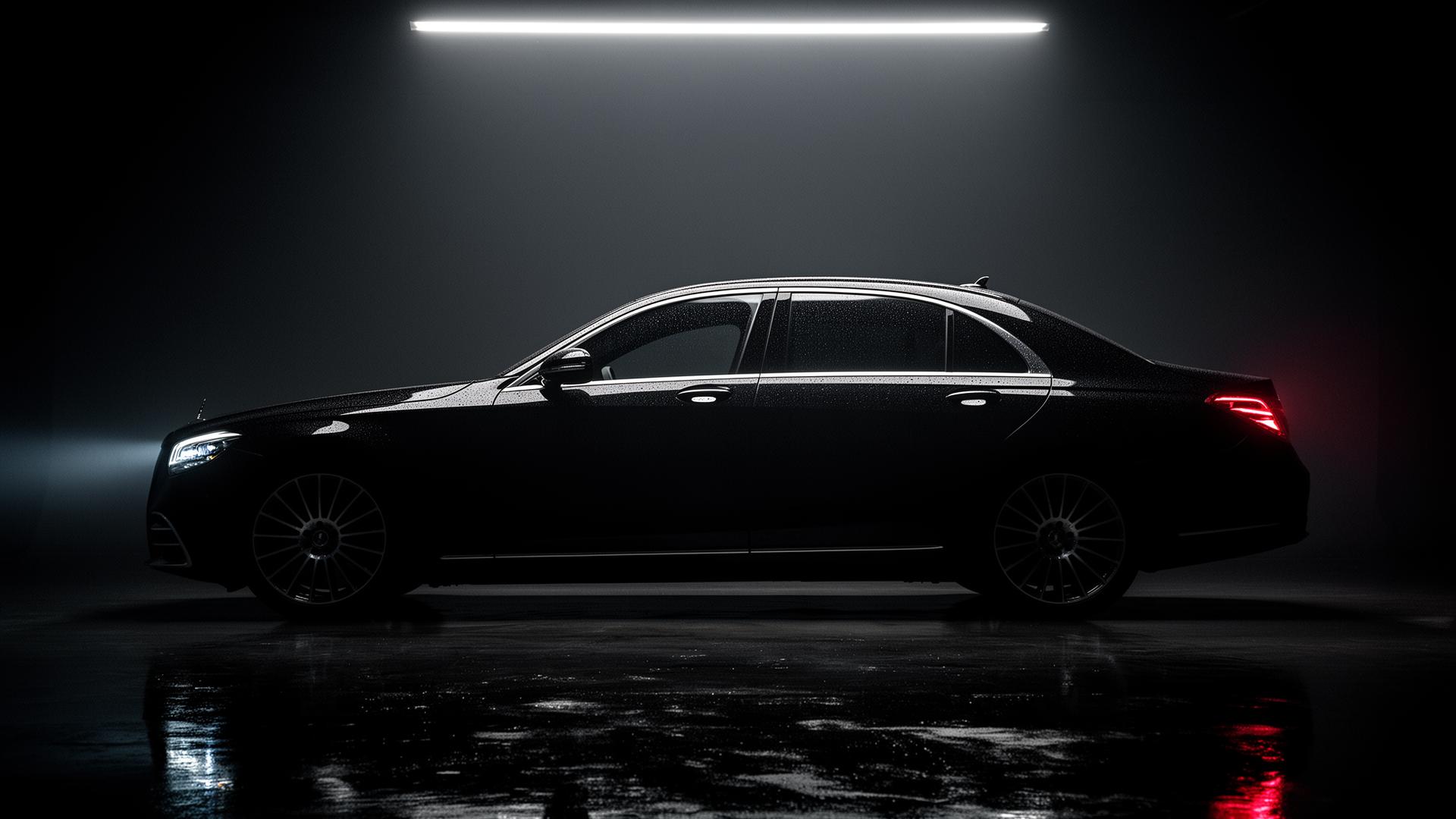 Black luxury sedan silhouette in dark studio